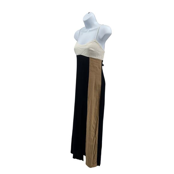Zara Color Block Strappy Midi Dress WMNS M Black Tan White Scoop Cross Back Slit - Picture 5 of 11